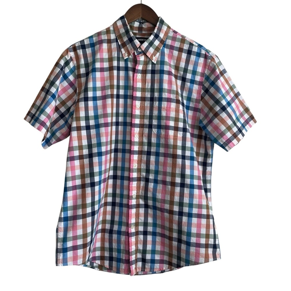 Lands' End Mens Preppy Coastal Button Down Shirt Medium Multicolor Plaid Gingham